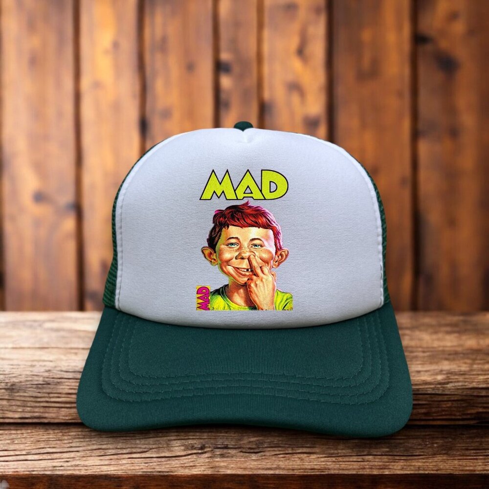 Alfred E. Neuman Mad Magazine Mens Trucker Hat Green Vintage Logo Baseball Cap